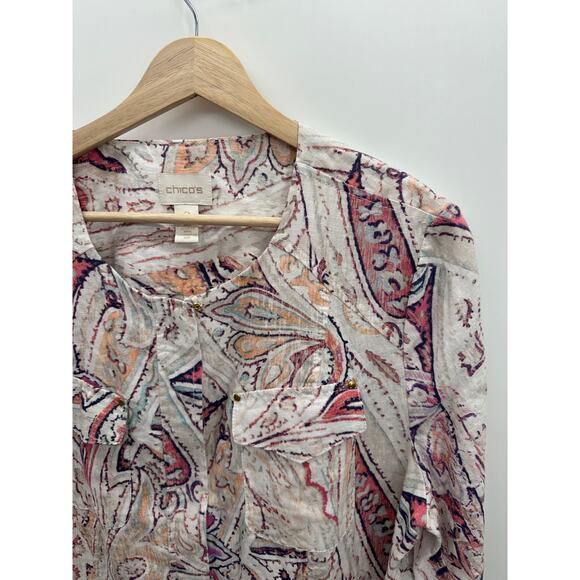 Chico's Jacket Women Large Full Zip Pink Paisley Linen Boxy Pocket Artsy Unique - Picture 7 of 9